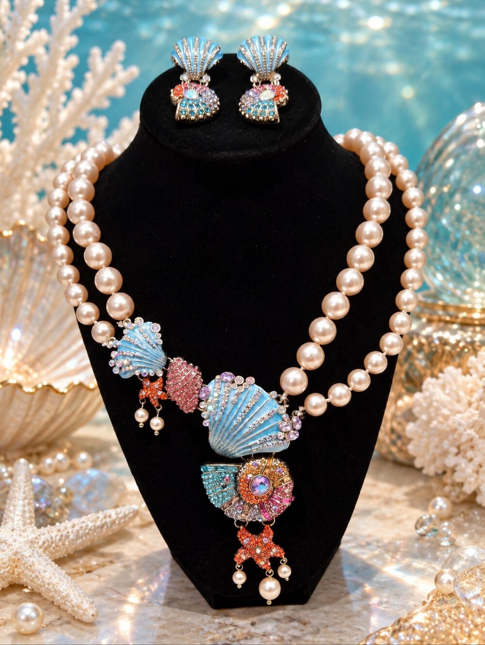✨ DREJEW Vintage Ocean-Inspired Pearl Necklace & Matching Earrings Set Mermaid